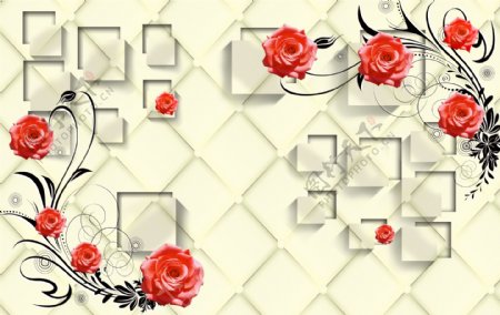 3d立体方块玫瑰花藤软包背景墙