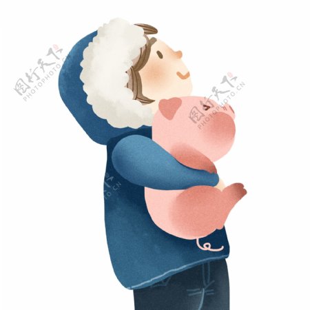 手绘抱着小猪的男孩