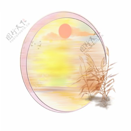 植物边框芦苇风景画框夕阳水彩手绘浪漫相框