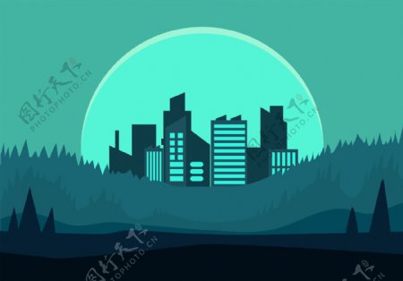 城市夜空剪纸插画场景