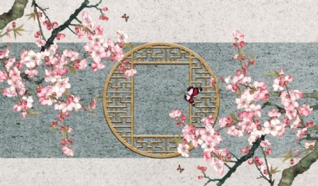 新中式手绘桃花蝴蝶背景墙