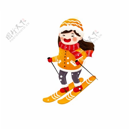 大雪中滑雪的女孩清新人物设计