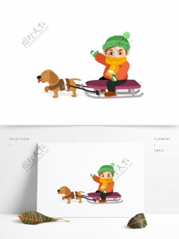 卡通手绘玩雪橇的小狗和小男孩