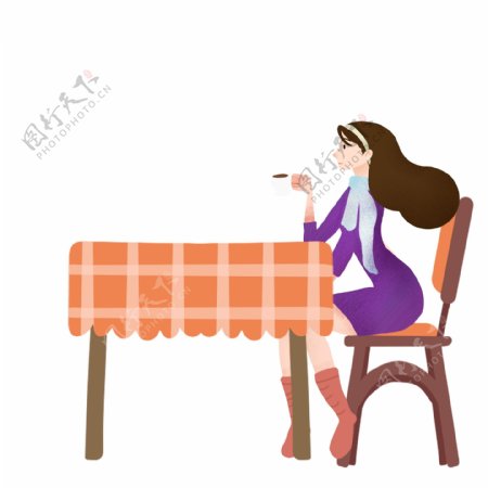 卡通手绘喝咖啡的女人