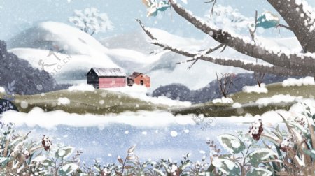 手绘冬季雪山雪地背景设计