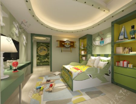 简约绿色儿童房效果图3D模型