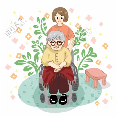 妇女节母亲妈妈母女老年老人轮椅小清新温馨