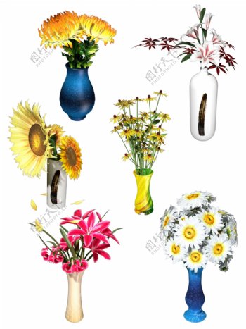 植物类通用元素彩色花瓶插花PSD