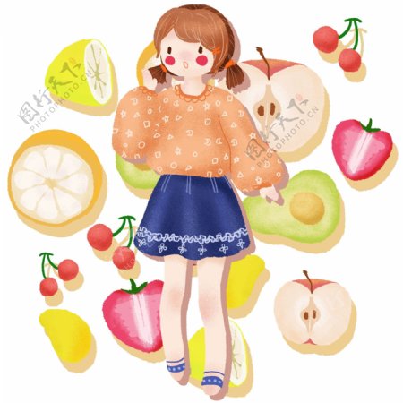 手绘可爱卡通女孩和水果健康生活