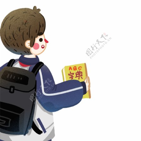 卡通可爱背着书包的男高中生