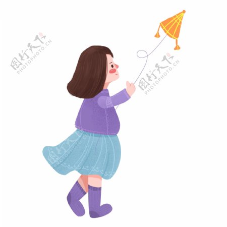 手绘放风筝的少女免抠元素