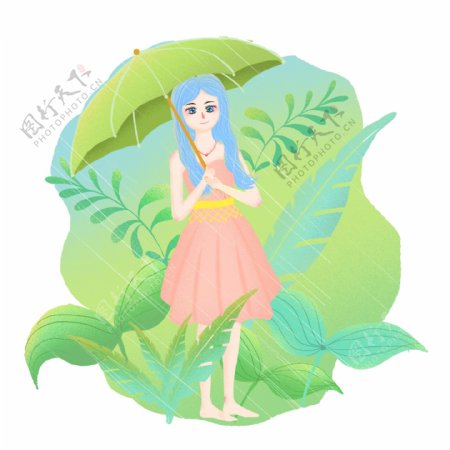 手绘卡通清新下雨天打伞的少女装饰插画