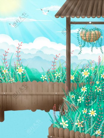 清新春天池塘花丛背景设计