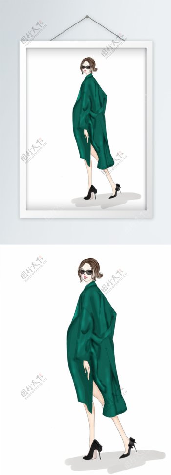 时装画服装设计绿色大衣