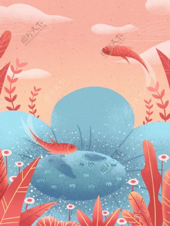 手绘色彩珊瑚红在花瓣的鱼儿元素