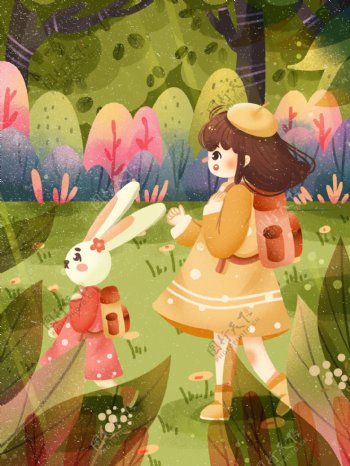 春分在丛林里的女孩和兔子背包背景设计