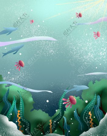 手绘海洋植物水母背景设计