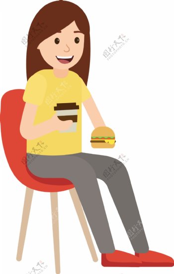 矢量卡通正在着喝咖啡吃汉堡的人
