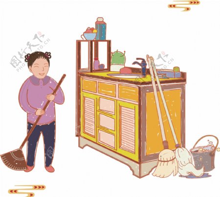 中国风手绘打扫卫生小女孩日常场景