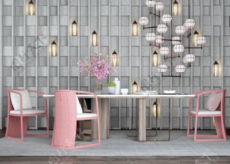 中式粉色木制桌椅组合