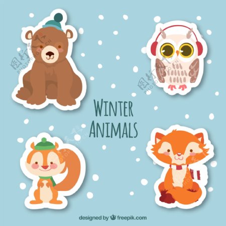 4款可爱冬季动物贴纸元素