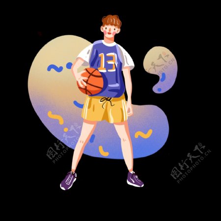 抱着篮球的男孩手绘插画png免抠素材