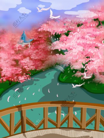 春季日本樱花园旅游背景设计