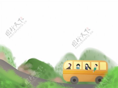 春天自家绿色旅行面包车装饰底框山风景绿色海报边框