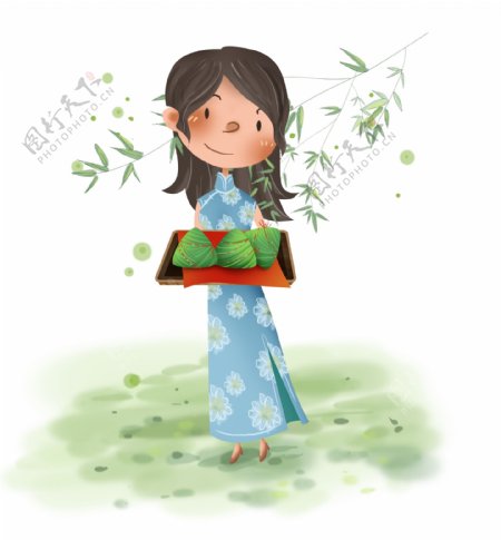 端午节吃粽子的旗袍少女