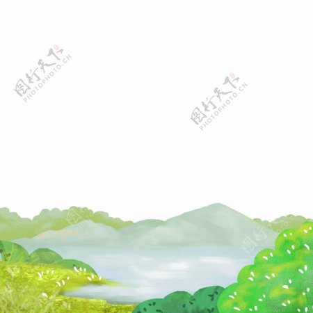 山景湖水风景春光春天PNG装饰绿色海报边框