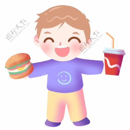 吃汉堡包的男孩插画