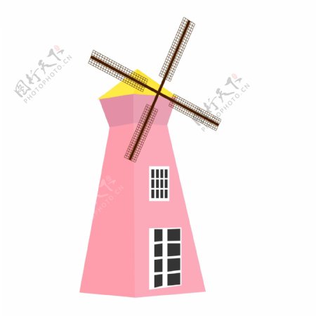 田园风车粉色手绘卡通欧洲建筑广告素材