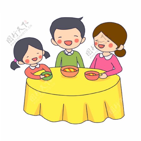 手绘一家人吃饭场景插画