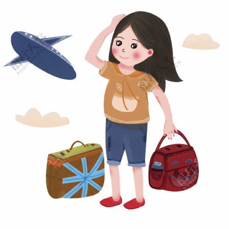 清新简约手绘女孩拿着包包坐飞机去旅行插画