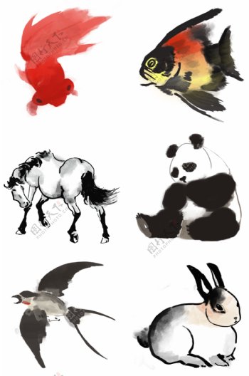 中国风水墨各类动物免抠PNG素材