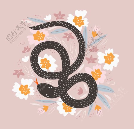 手绘鲜花和蛇插画设计