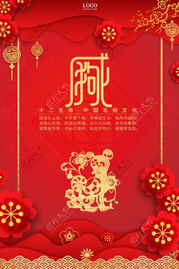 红色十二生肖中国剪纸风戍狗海报