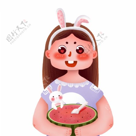 复古可爱吃西瓜的女孩和小兔子设计