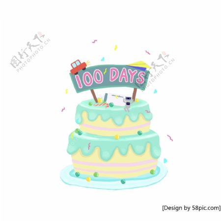 蛋糕百日宴100天蓝色卡通清新甜美手绘风