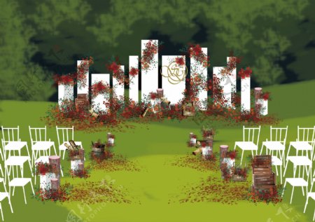 白红色草坪婚礼几何矩形组合式婚礼背景