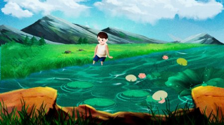 夏至小清新插画夏天河边玩水的男孩