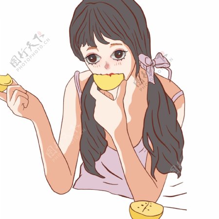 卡通小清新吃柠檬的女孩子