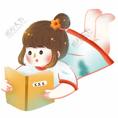 卡通小女孩看书插画