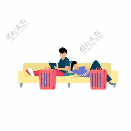 卡通风情侣躺在沙发上看书元素