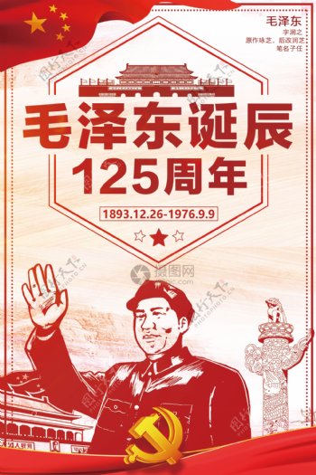 红色纪念毛泽东主席诞辰125周年海报