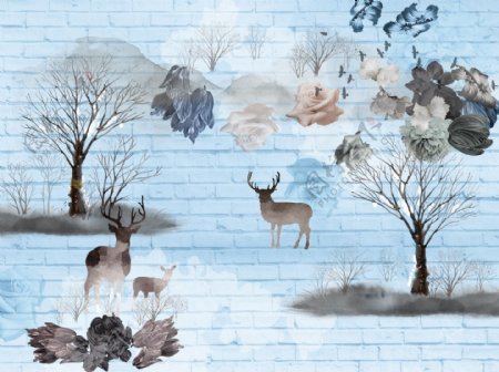 北欧抽象树林麋鹿背景墙