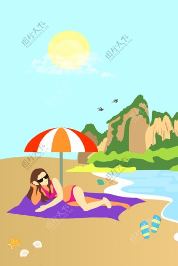 夏天海滩女孩晒太阳背景