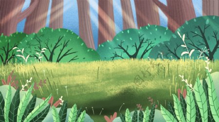 手绘夏季树林草地背景设计