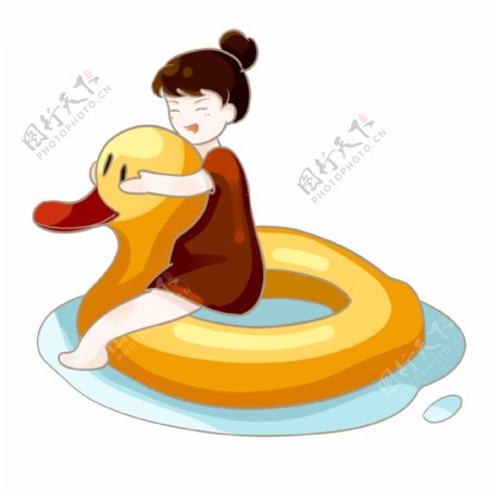 夏日游泳女孩骑鸭子的游泳圈PNG素材