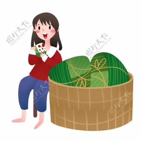 吃粽子的小女孩插画